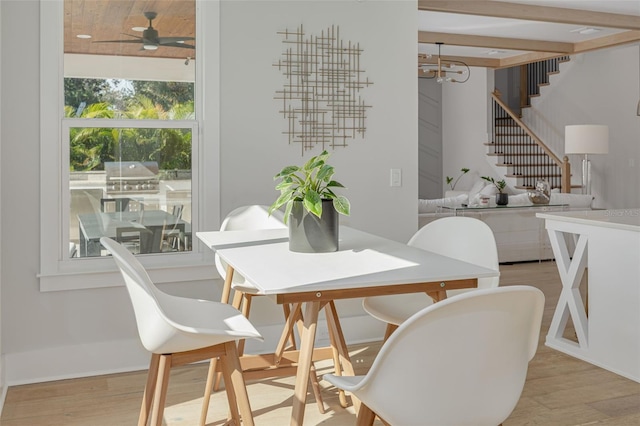 dining area with light hardwood / wood-style floors and ceiling fan with notable chandelier