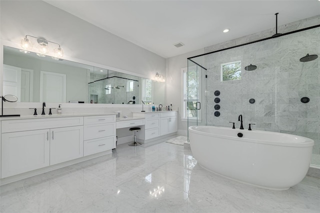 bathroom featuring vanity and plus walk in shower