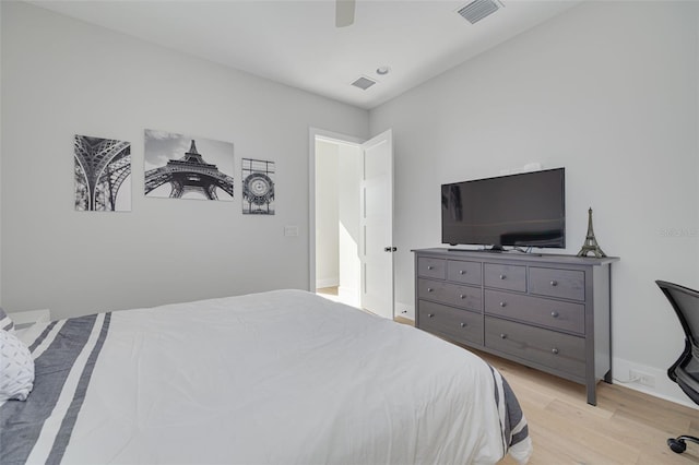 bedroom featuring ceiling fan and light wood-type flooring