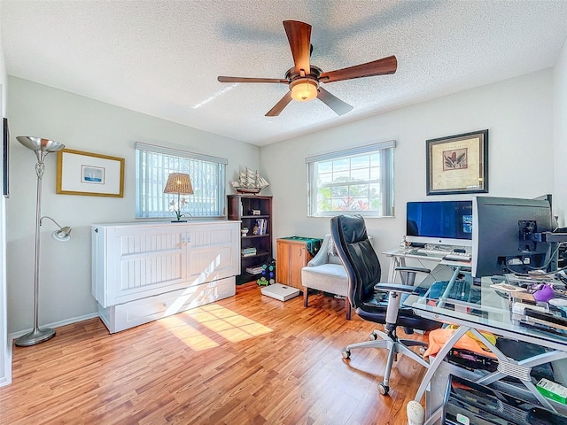 home office with ceiling fan, light hardwood / wood-style floors, and a textured ceiling