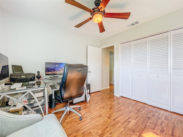 office with ceiling fan, a textured ceiling, and light wood-type flooring