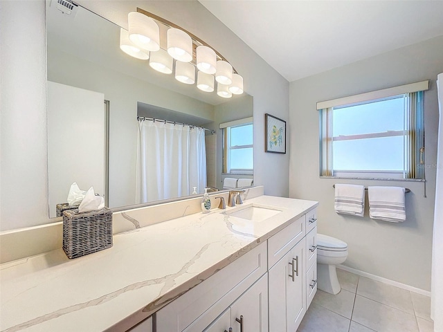 bathroom with tile patterned flooring, vanity, toilet, and a shower with curtain