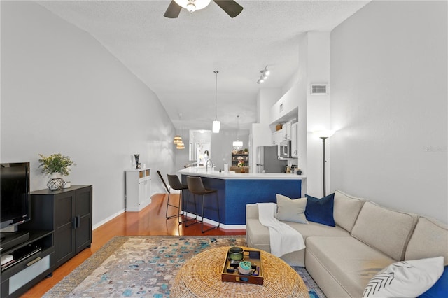 living room with hardwood / wood-style floors, a textured ceiling, vaulted ceiling, and ceiling fan