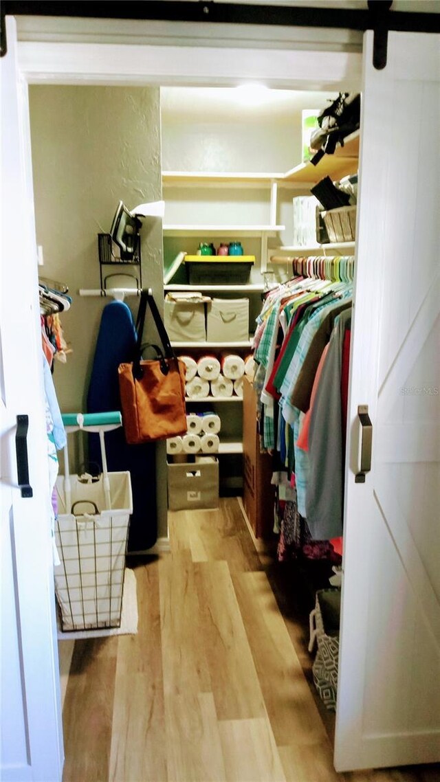 walk in closet with light hardwood / wood-style flooring