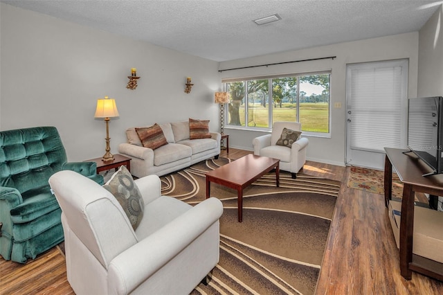 living room featuring a textured ceiling and hardwood / wood-style flooring