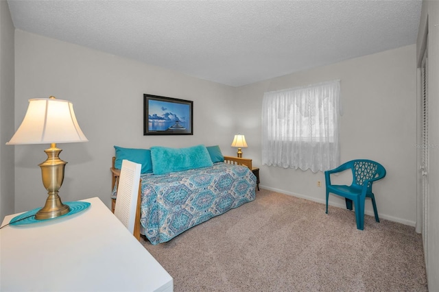 bedroom with carpet flooring and a textured ceiling