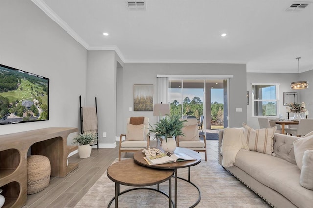 living room with ornamental molding