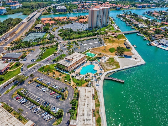 bird's eye view with a water view