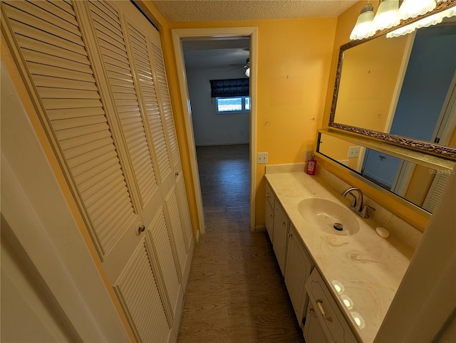 bathroom featuring wood-type flooring, vanity, and a textured ceiling