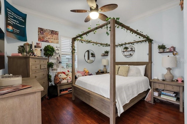 bedroom with ceiling fan, dark hardwood / wood-style flooring, and crown molding