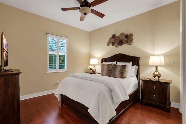 bedroom with hardwood / wood-style floors and ceiling fan