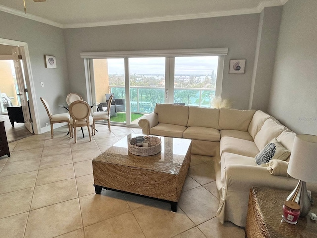 tiled living room featuring crown molding and a wealth of natural light