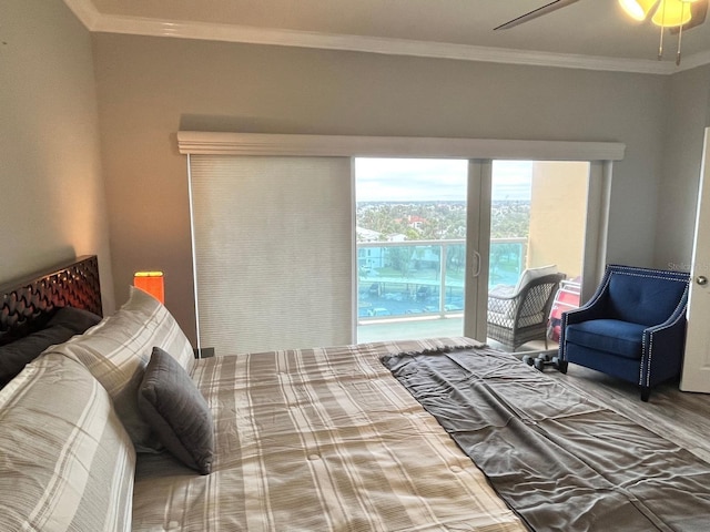 bedroom with crown molding, access to outside, and ceiling fan