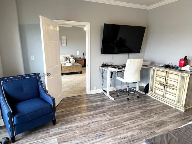 office space with crown molding and hardwood / wood-style floors