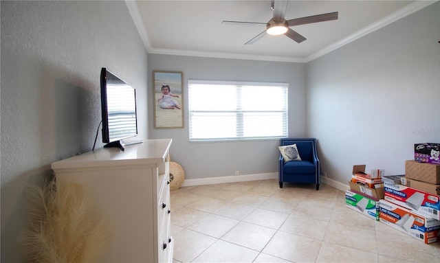 interior space featuring crown molding and ceiling fan