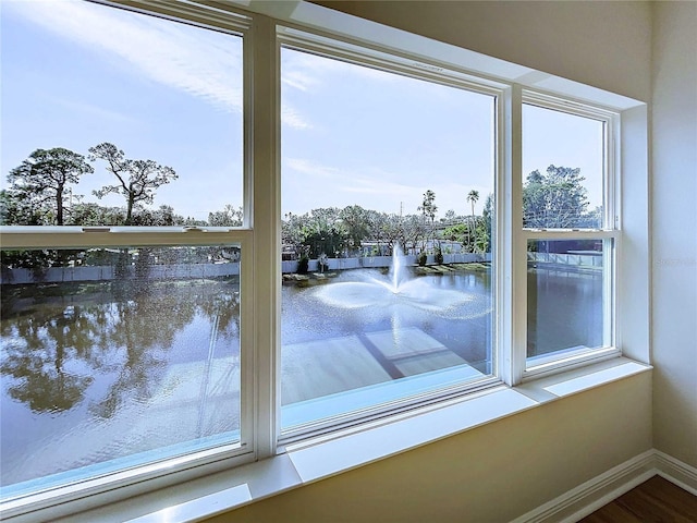 entryway featuring wood-type flooring and a water view