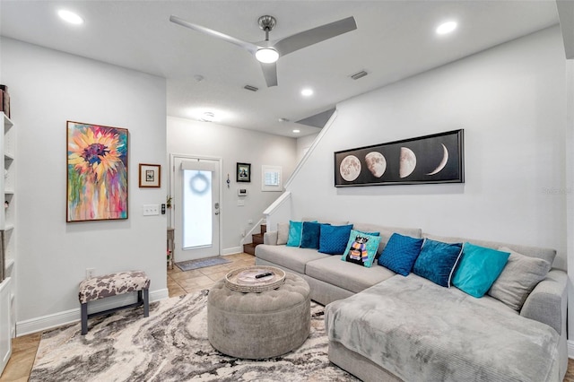 living room with ceiling fan