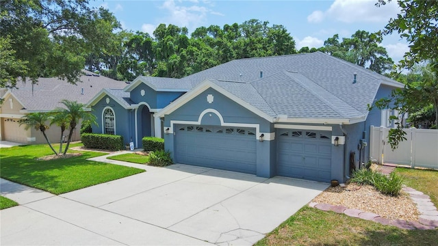 ranch-style house with a front yard and a garage