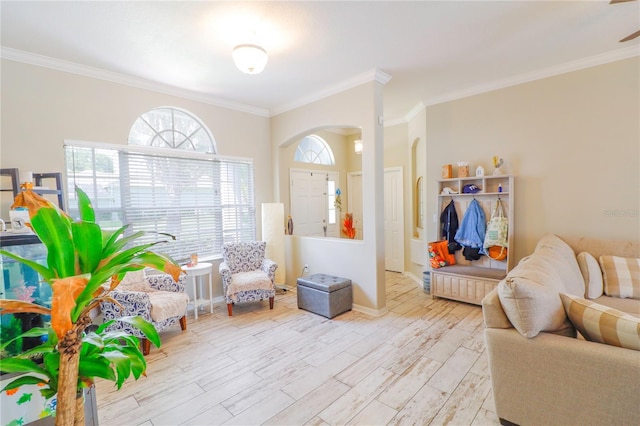 living area with light wood-type flooring and crown molding