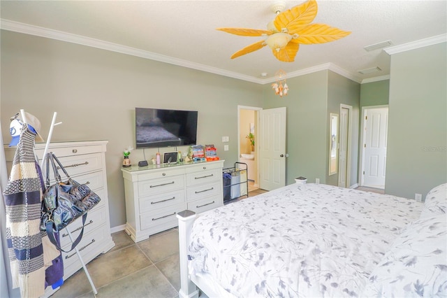 tiled bedroom with ceiling fan and ornamental molding