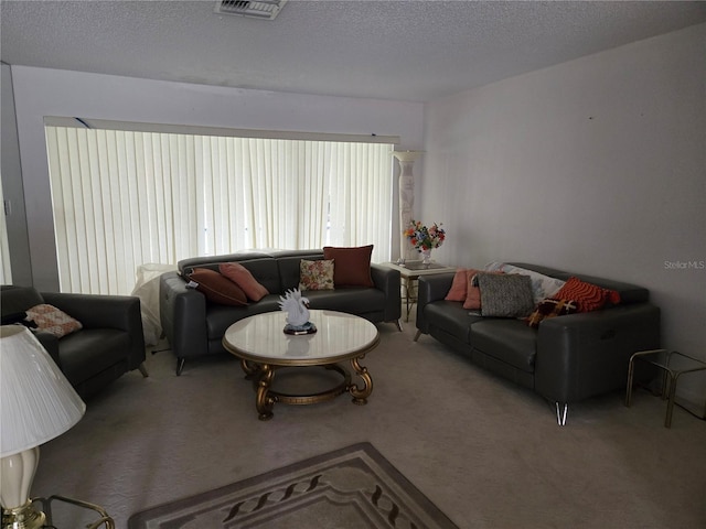 carpeted living room with a textured ceiling