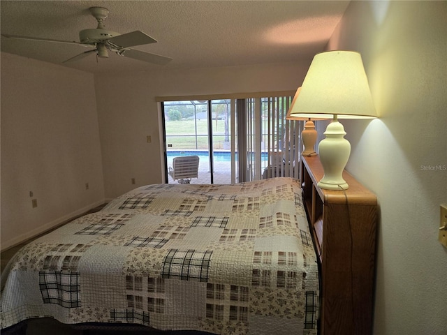 bedroom with ceiling fan and access to exterior