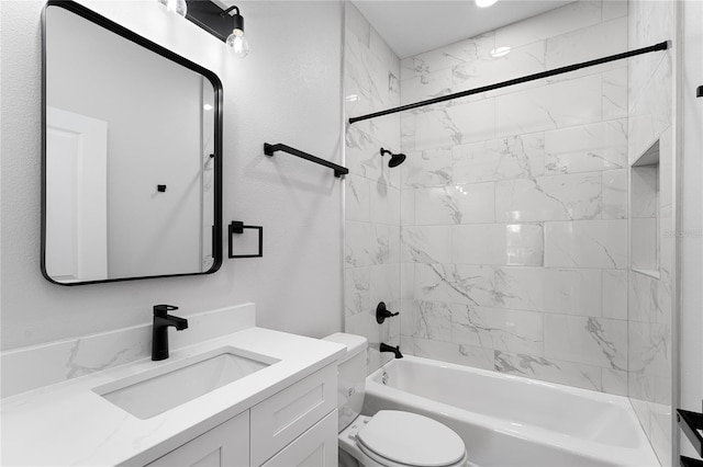 full bath with toilet, vanity, and bathing tub / shower combination