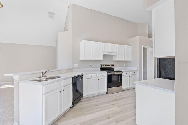 kitchen featuring kitchen peninsula, stainless steel electric stove, sink, black dishwasher, and white cabinetry