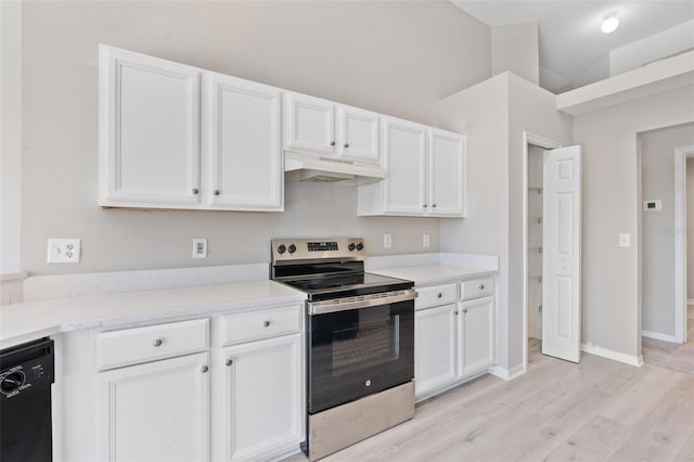 kitchen featuring dishwasher, white cabinets, electric stove, light wood-type flooring, and a towering ceiling