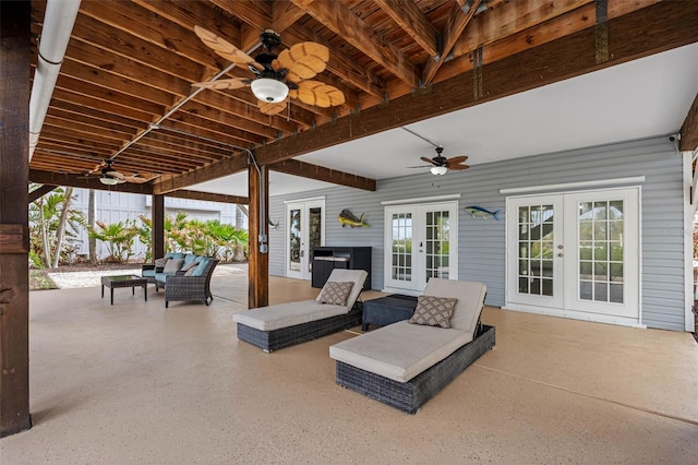 view of patio with ceiling fan, outdoor lounge area, and french doors