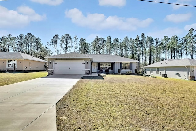 ranch-style house with a garage and a front yard