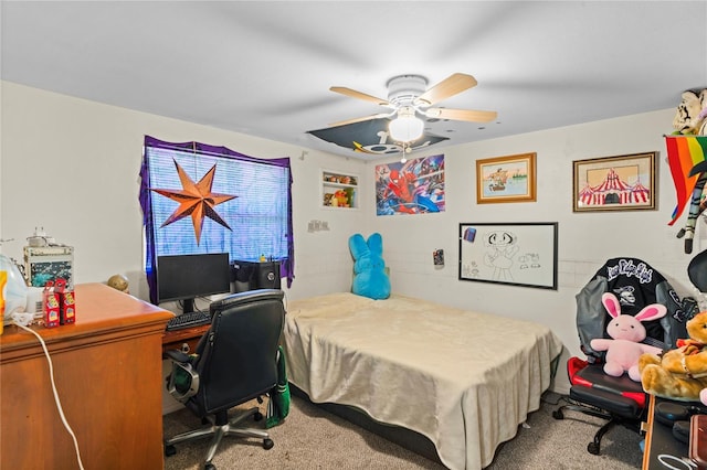 carpeted bedroom with ceiling fan