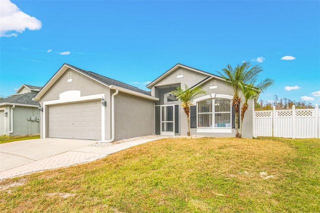 ranch-style house with a garage and a front lawn