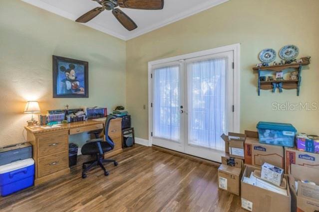 office space featuring french doors, dark hardwood / wood-style flooring, ceiling fan, and ornamental molding