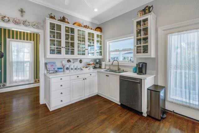 kitchen featuring dishwasher, white cabinets, a healthy amount of sunlight, and sink