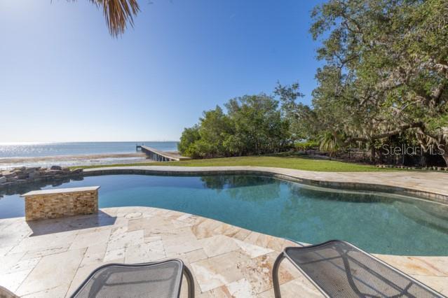 view of pool with a patio area and a water view