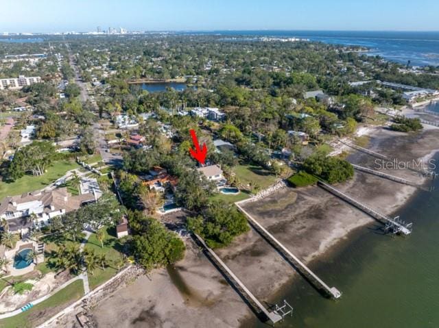 bird's eye view with a water view