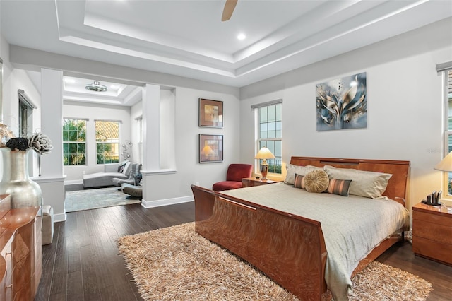 bedroom with dark wood-type flooring, a raised ceiling, ceiling fan, and multiple windows