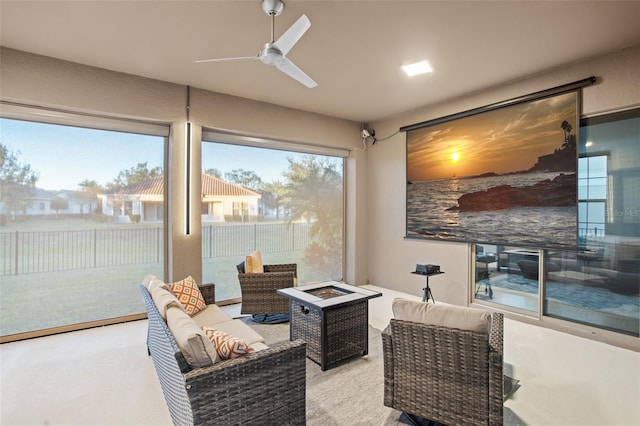 interior space featuring ceiling fan