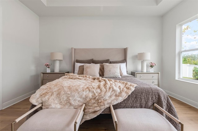 bedroom featuring a tray ceiling and light hardwood / wood-style flooring