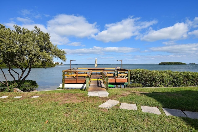 dock area featuring a yard and a water view