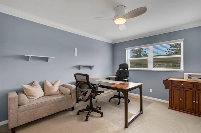 home office with light colored carpet, ceiling fan, and crown molding