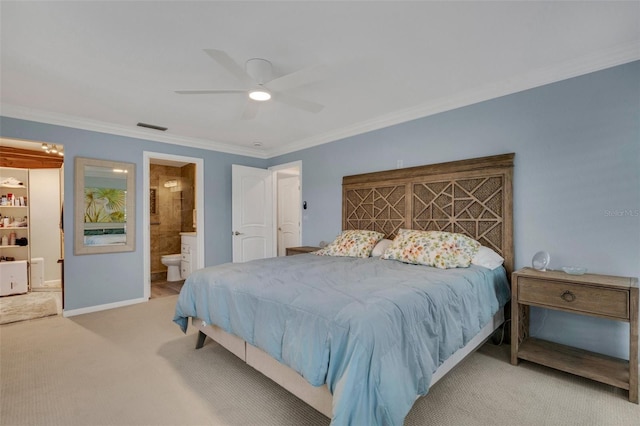 bedroom with ceiling fan, crown molding, ensuite bathroom, and light carpet