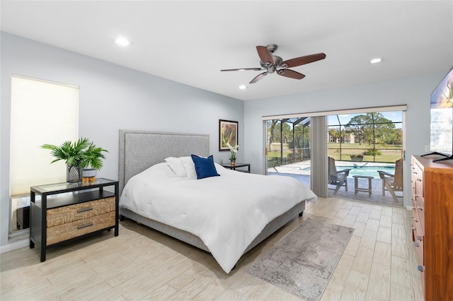 bedroom featuring ceiling fan, access to exterior, and light wood-type flooring