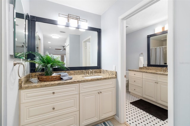 bathroom featuring a shower with curtain, vanity, and toilet