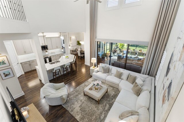 living room with baseboards, a high ceiling, and dark wood-style floors