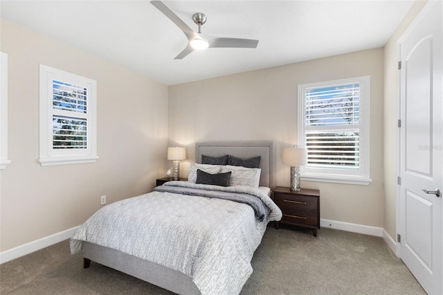 bedroom featuring baseboards, carpet, and a ceiling fan