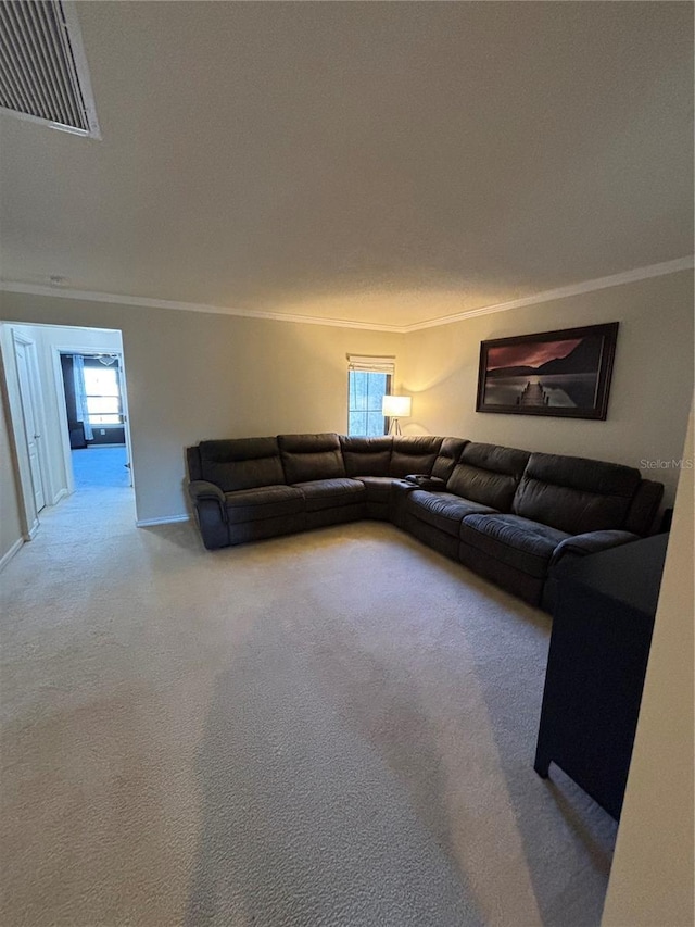 living room with ornamental molding