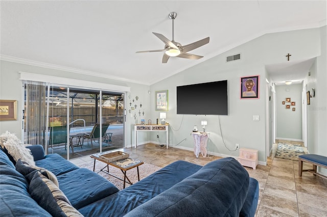 living room featuring ceiling fan, light tile patterned floors, and vaulted ceiling