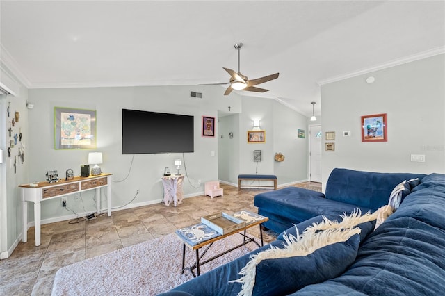 tiled living room featuring crown molding, ceiling fan, and lofted ceiling